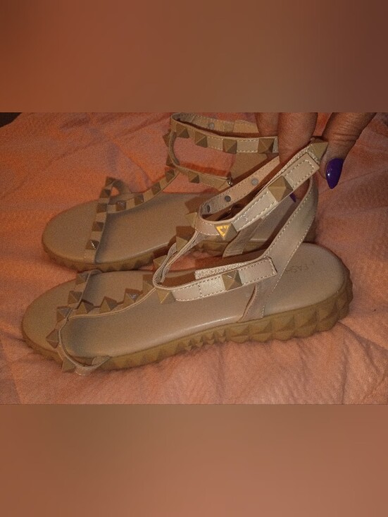 Fashion Nova Shoes - Fashion Nova Beige Studded T-Strap Sandals - Women